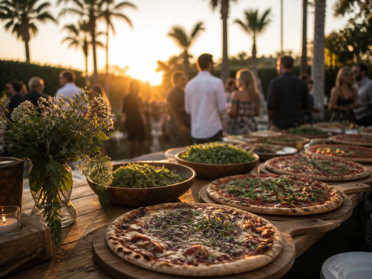 Golden-hour reception table lined with chef-finished pizzas and seasonal greens at a Los Angeles estate event