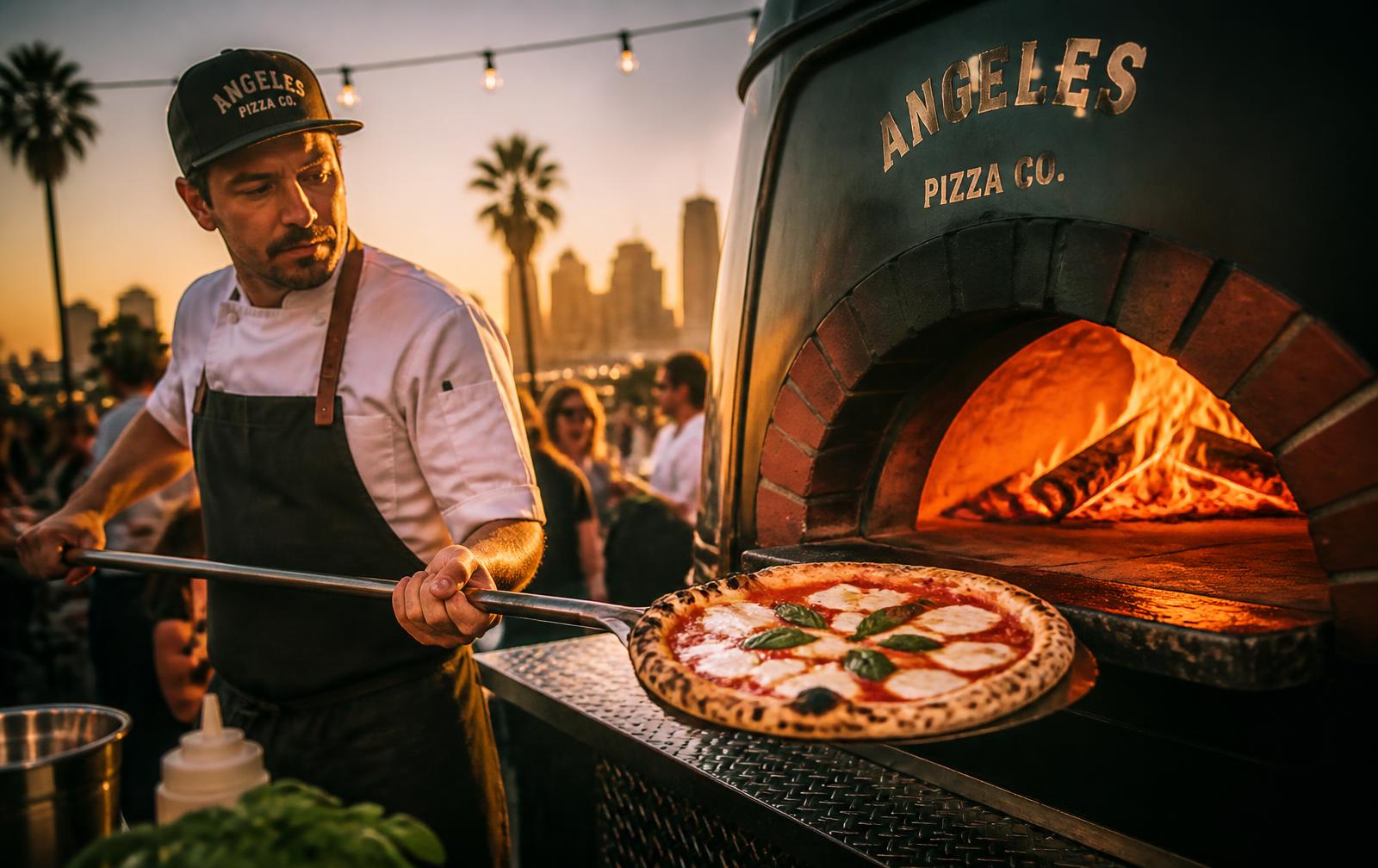 Pizzaiolo pulling a blistered margherita pizza from an on-site pizza station at a Los Angeles event