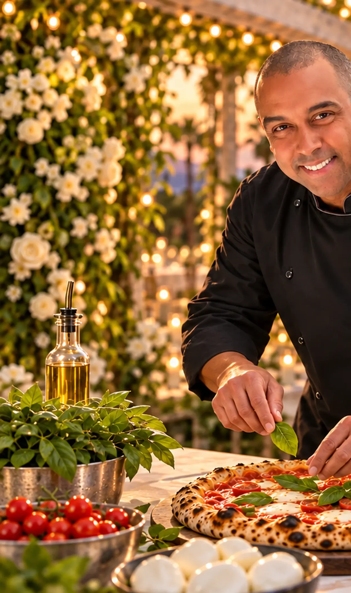 Chef Marcus preparing artisan pizza at an elegant Los Angeles catering event
