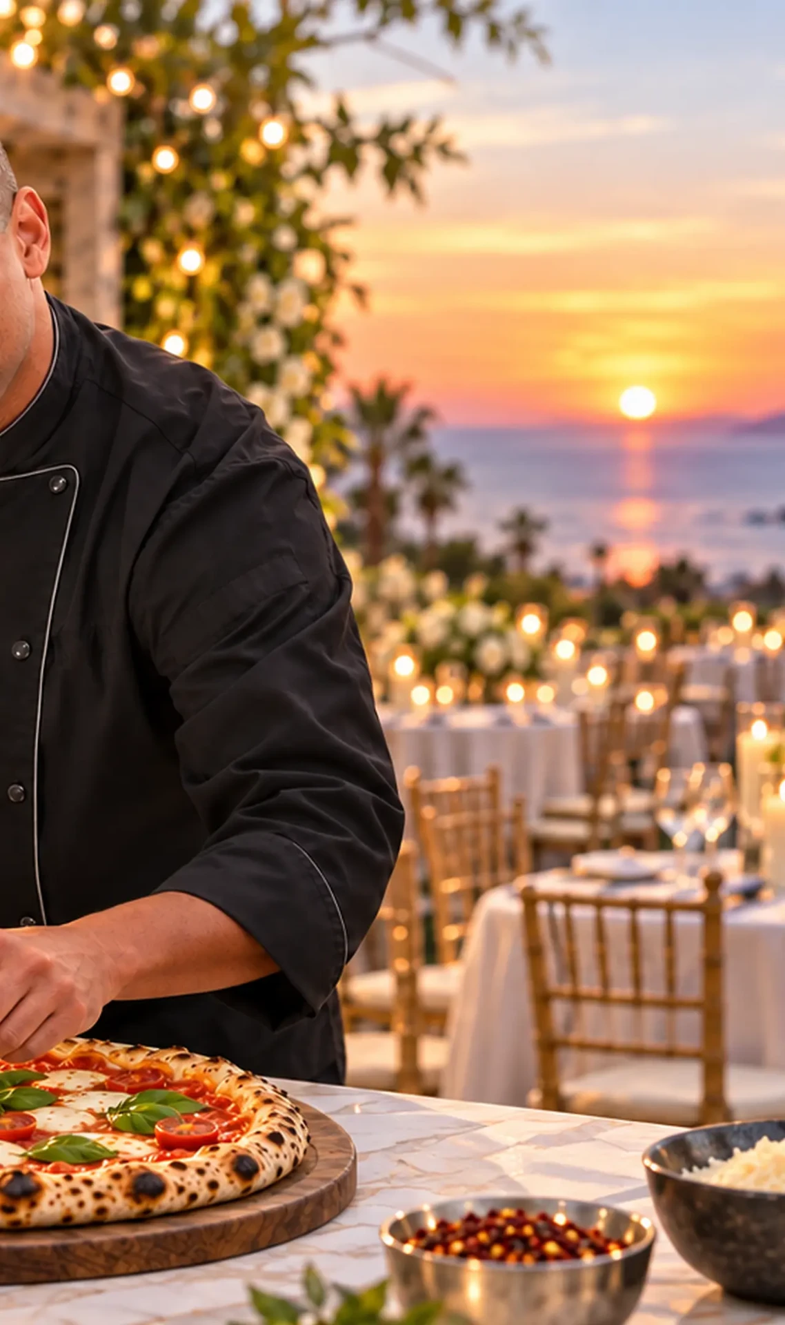 Artisan pizza preparation overlooking a Los Angeles sunset celebration
